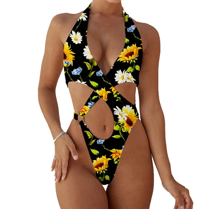 2024 Sexy High Cut Out Halter Female Swimwear One Piece Swimsuit Women Cross Bandage Monokini Bather Bathing Suit Swim Beachwear