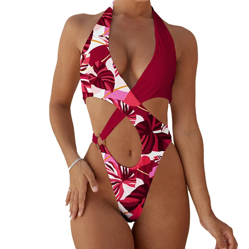 2024 Sexy High Cut Out Halter Female Swimwear One Piece Swimsuit Women Cross Bandage Monokini Bather Bathing Suit Swim Beachwear