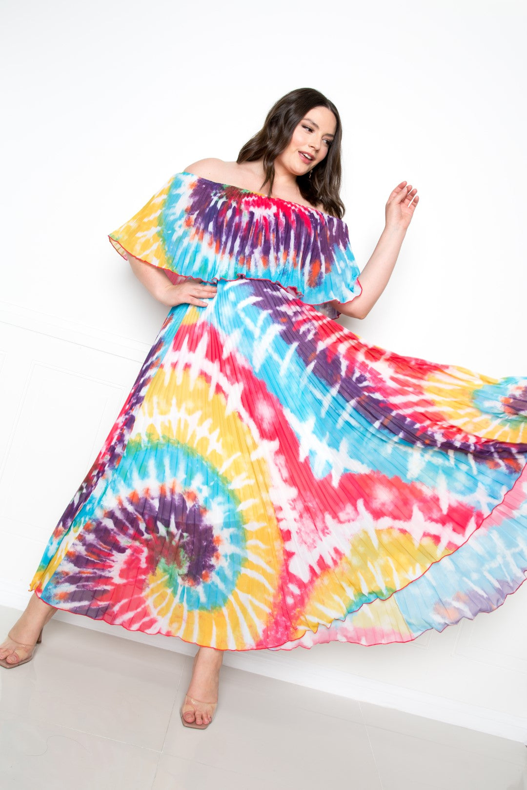 Tie Dye Off Shoulder Pleated Maxi Dress