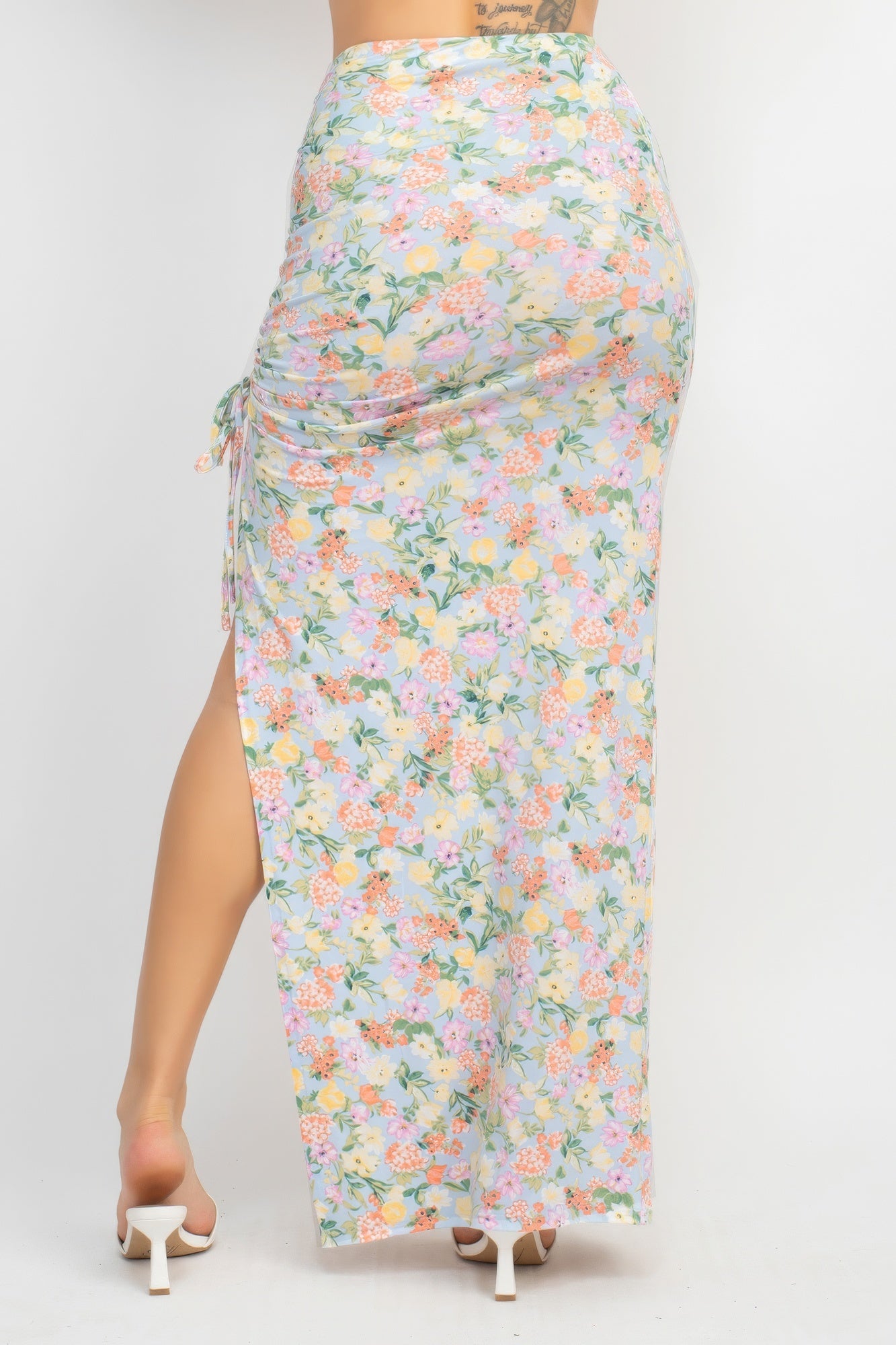 Front Knot Floral Top & Ruched Maxi Skirts Set