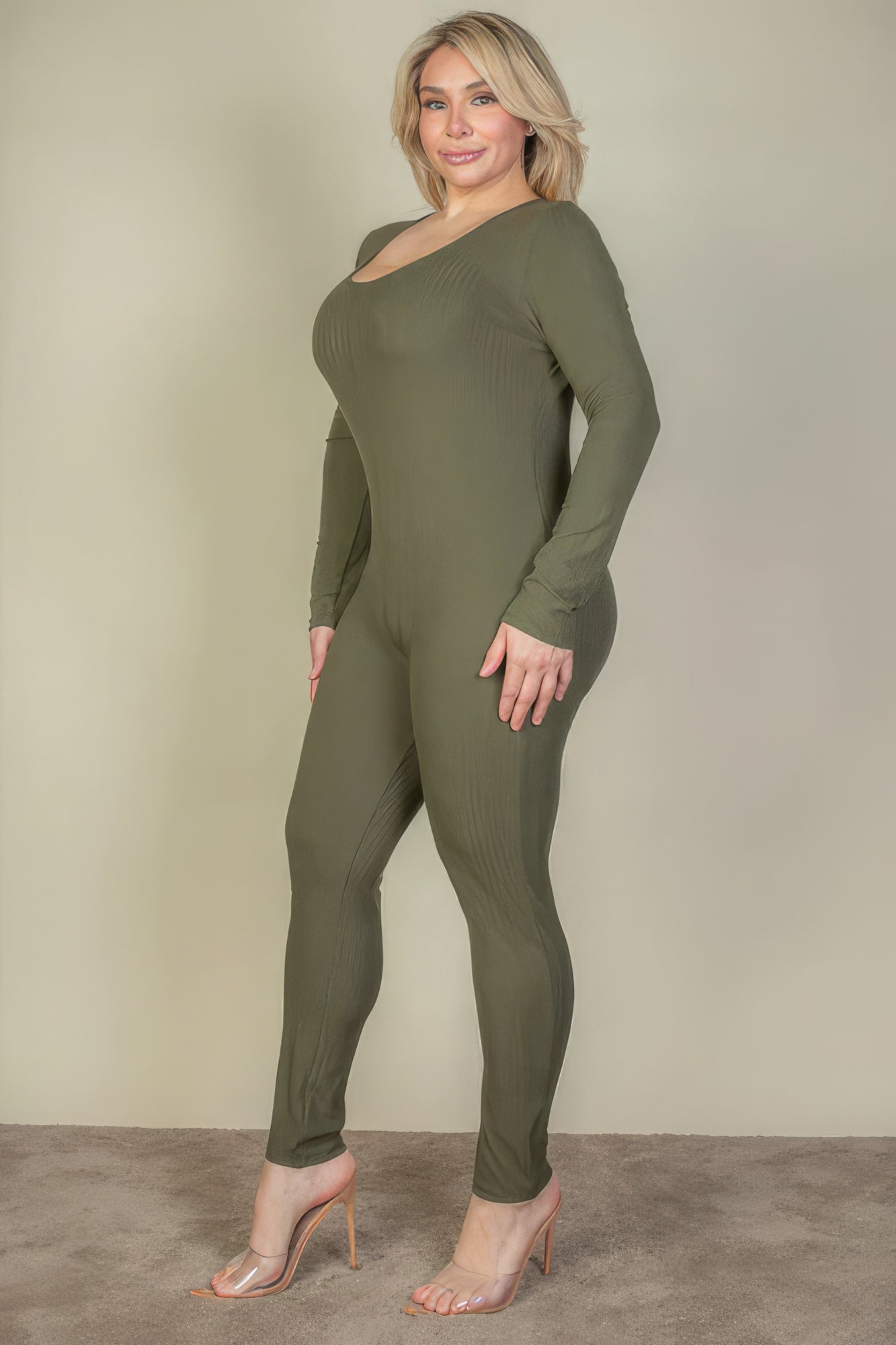 Plus Size Ribbed Scoop Neck Long Sleeve Jumpsuit