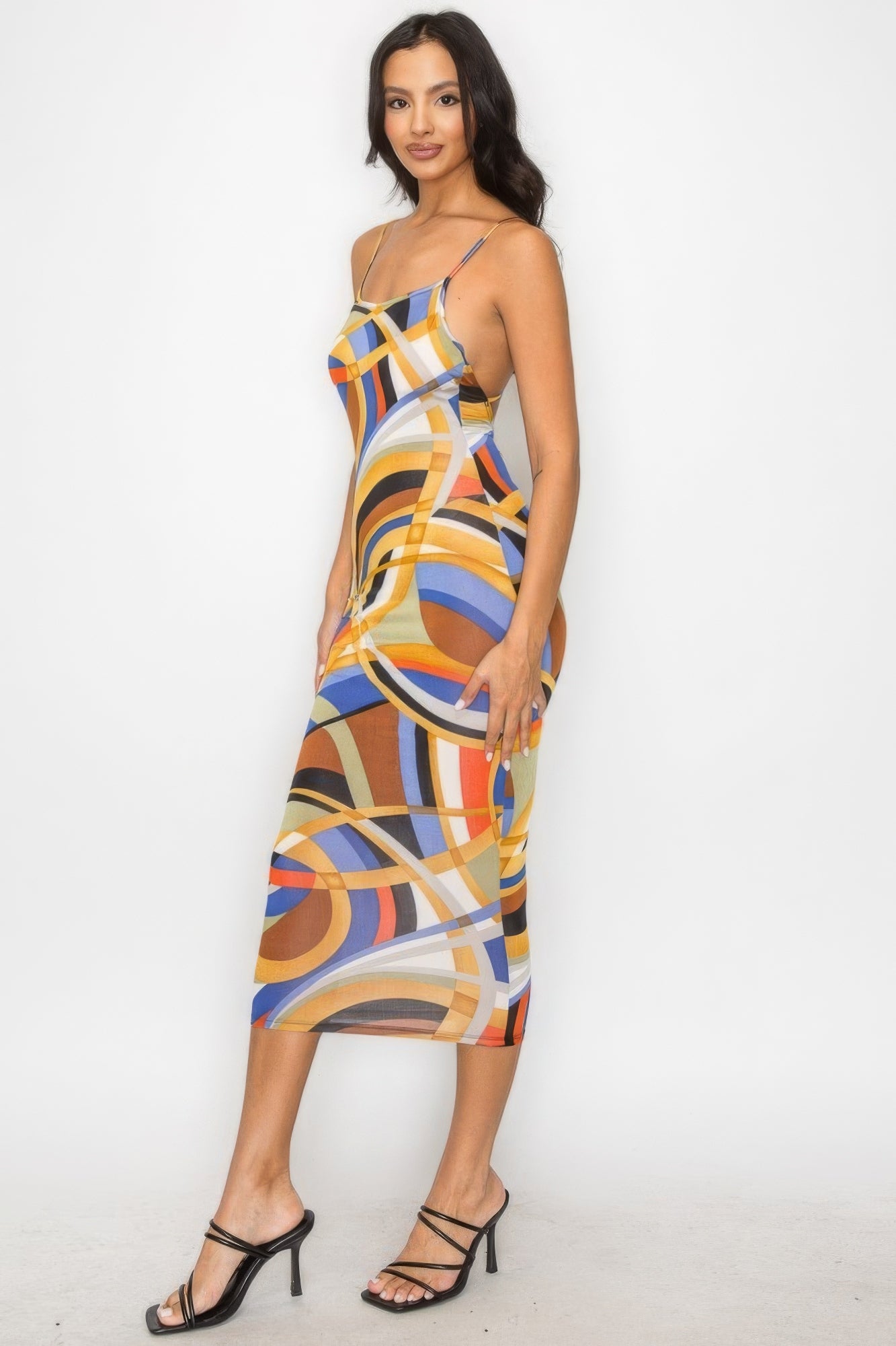 Crossed Back Marble Print Multicolor Midi Dress