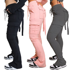Cargo Pants with Pockets High Waist Drawstring Wide Leg Straight Trousers for Women Overalls